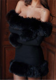 Winter and Spring Women's Fashionable Fur Collar Long Sleeve Off Shoulder Chic Slim Evening Dress