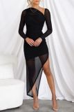 Spring sexy slit irregular long sleeve mesh dress for women