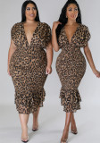 Summer v-neck Low Back Slim Fit leopard print Slim Waist sexy dress
