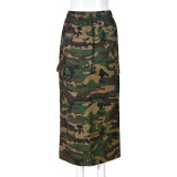 Elastic Waist Women's Spring and Summer Pocket Outdoor Fashion Style Camouflage Washed Skirt