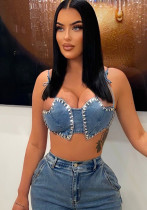 Sexy Straps Rhinestone Denim women's tops