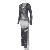 Women's Spring fashion printed sexy u-neck slim-fit side slit long-sleeved dress