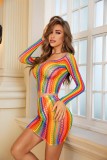 Women Knitting Contrast Color Jumpsuit Rainbow Long Sleeve Striped Net Clothing Sexy Lingerie