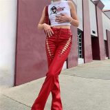 Women Hollow Lace-Up Straight PU-Leather Pant