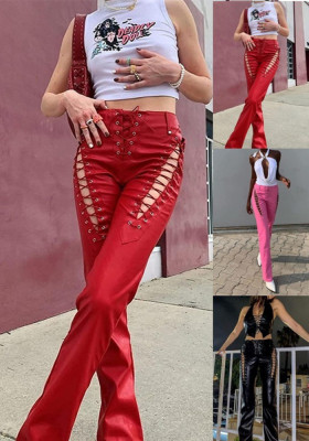 Women Hollow Lace-Up Straight PU-Leather Pant
