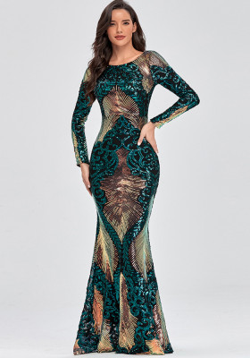 Plus Size Women Stretch Elegant Long Sleeve Round Neck Backless Sequined Mermaid Evening Gown