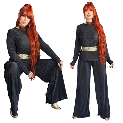 Women Loose Solid Long Sleeve Top and Wide Leg Pants Two-piece Set
