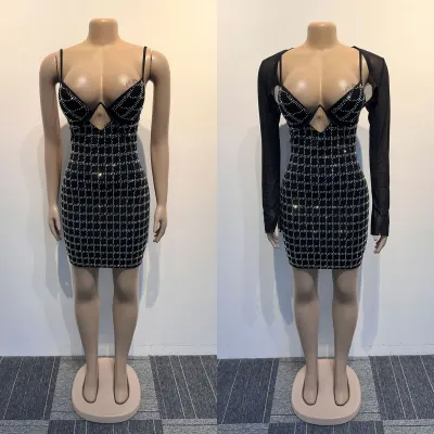 Women Sexy Mesh Top Beaded Elastic Suspender Bodycon Dress Two-piece Set