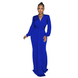 Women Solid Sexy V Neck Pleated Maxi Dress