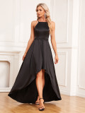 Women satin elegant pleated sleeveless irregular dress