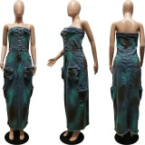 Women Sexy Strapless Off-Shoulder Tie-Dye Slit Cargo Denim Dress