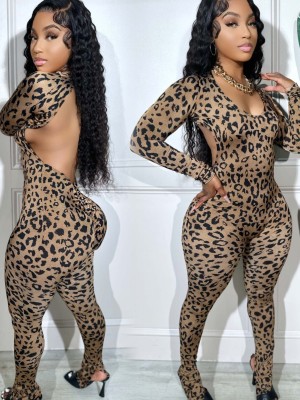 Women Casual Backless Leopard Jumpsuit