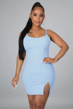 Straps Sleeveless Slit Stretch Denim Bodycon Dress