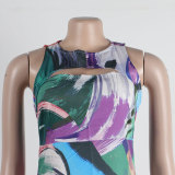 Fashion Sexy Slim Fit Hollow Printed Patchwork Sleeveless A-Line Dress