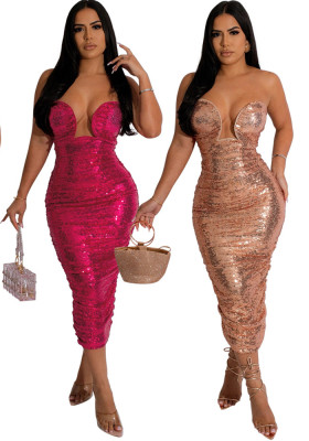 Strapless Bodycon A-Line Dress Women's Sequin Party Long Dress