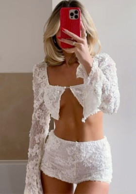 Women's Spring And Winter Sexy Lace See-Through Short Crop Top Tight Fitting Shorts Two Pieces Set