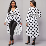 Polka Dot Print Slim Waist Elegant Women's V-Neck Irregular Top