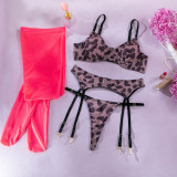Sexy Leopard Print Mesh Bra Thong Set Contrast Stockings Sexy Contrast Four Pieces Lingerie