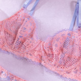 Sexy Lace Lingerie Contrasting Colors Push-Up Bra Thong See-Through Four-Piece Set For Women