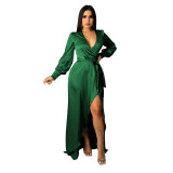 Women's Fashionable And Sexy V-Neck Solid Color Satin Lace-Up Irregular Long Dress