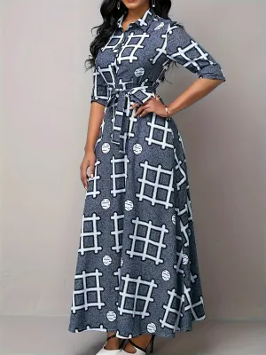 Women's Turndown Collar Slim Waist Printed Lace-Up Long Sleeve Swing Dress
