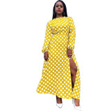 Women's Spring And Winter Round Neck Polka Dot Long Sleeve High Slit Midi Dress