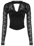 Women's Spring And Winter Sexy Strapless Off Shoulder Lace Patchwork Slim Top