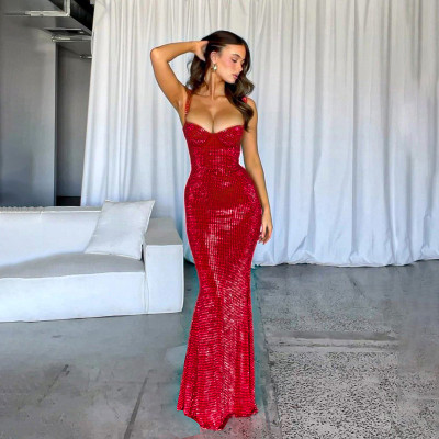 Sexy Slim Red Sequined Red Straps Mermaid Long Dress For Women