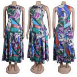 Fashion Sexy Slim Fit Hollow Printed Patchwork Sleeveless A-Line Dress