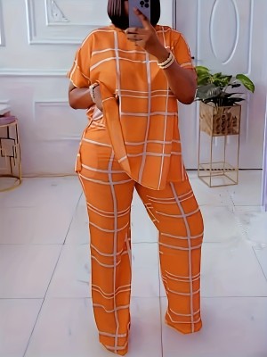 Printed V-Neck Casual Plus Size Two-Piece Pants Set