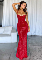 Sexy Slim Red Sequined Red Straps Mermaid Long Dress For Women