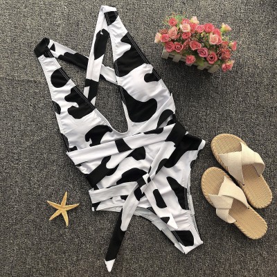 Low Back Deep V Black And White Print Sexy One-Piece Beach Swimsuit
