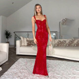 Sexy Slim Red Sequined Red Straps Mermaid Long Dress For Women