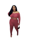 Plus Size Women Sexy Drawstring Off-Shoulder Long Sleeve Top and Pant Ribbed Two-piece Set