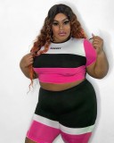 Plus Size Women Color Block Letter Print Top and Shorts Sports Casual Two Piece Set