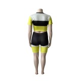 Plus Size Women Color Block Letter Print Top and Shorts Sports Casual Two Piece Set