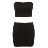 Women Solid Top and High Waisted Bodycon Skirt Two-piece Set