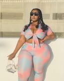 Plus Size Women Sexy Lace-Up Top and Tie-Dye Pleated Pants Two-Piece Set
