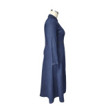 Plus Size Women Women Denim Turndown Collar Long Sleeve Dress