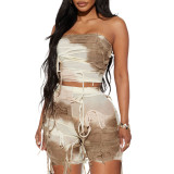 Women Tassel Chest Wrap Top and Shorts Stretch Two-piece Set