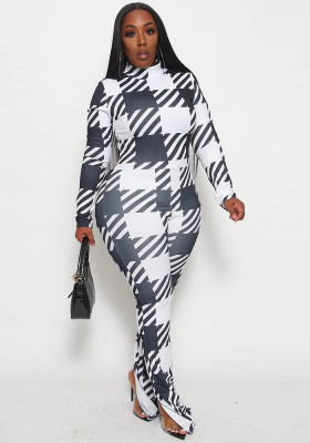 Plus Size Women Printed Long Sleeve Casual Bell Bottom Slit Jumpsuit