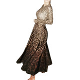 Plus Size Women Leopard Print Elegant Long Sleeve Round Neck Maxi Dress