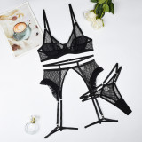 Fashionable rhombus mesh bra Thong Garter See-Through four-piece sexy lingerie set