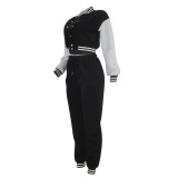 Women's Fashion Patchwork Single Breasted Baseball Jacket pants Two-Piece Suit