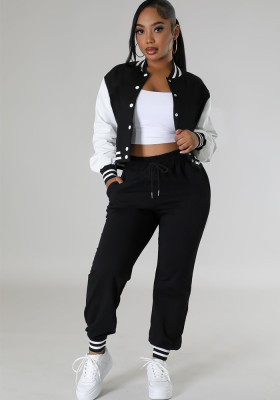 Women's Fashion Patchwork Single Breasted Baseball Jacket pants Two-Piece Suit
