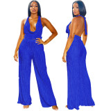 Fashion Women's Sexy Solid Color halter Sleeveless Low Back Top Pleated Pants two piece set