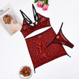 leopard printcomfortable mesh push-up Bra Thong skirt sexy underwear Three-Piece lingerie
