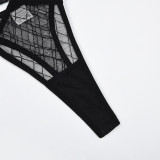 Fashionable rhombus mesh bra Thong Garter See-Through four-piece sexy lingerie set