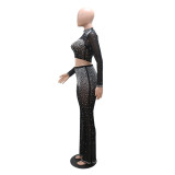 Beaded See-Through stylish Round Neck long-sleeved top slim-fitting trousers two-piece women's suit