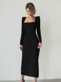 Autumn and winter French black dress Chic Slim Waist square neck long-sleeved elegant Tight Fitting long dress for women